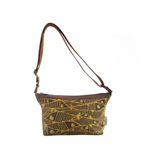 Crossbody Purse with Fish illustration (gold brown)